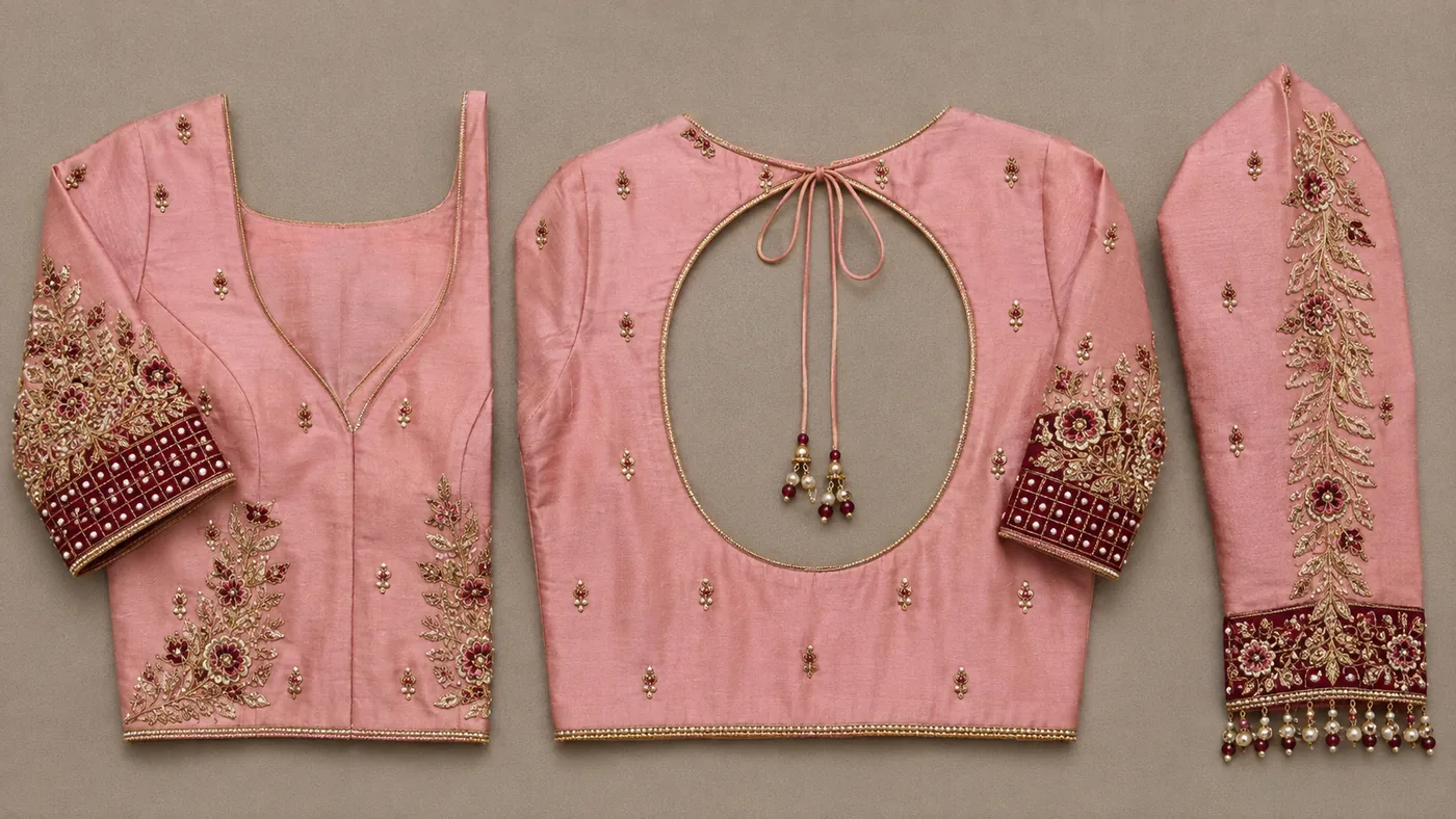 Design reference - Rose pink silk blouse with a notched V front neck, gold and maroon floral sprays rising from the hem and along the sleeves, small scattered buttis over the plain back with a large oval tie opening, and contrast maroon sleeve cuffs in a square stone grid finished with pearl drops.