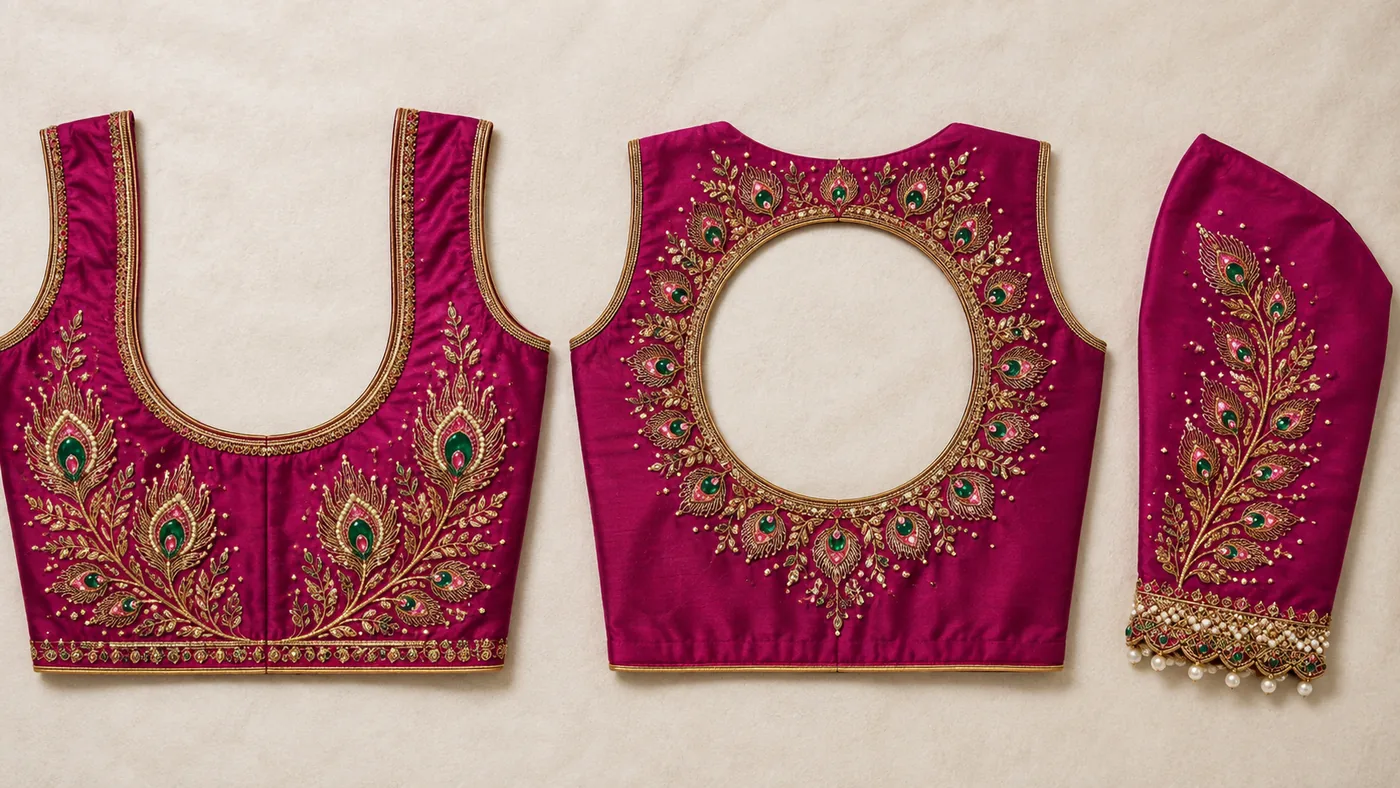 Design reference - Magenta silk blouse with gold peacock-feather plumes, each eye filled in green and pink, sweeping up the front from the waist border, ringing the large round back cut-out, and running the length of the sleeve above a pearl-fringed cuff.