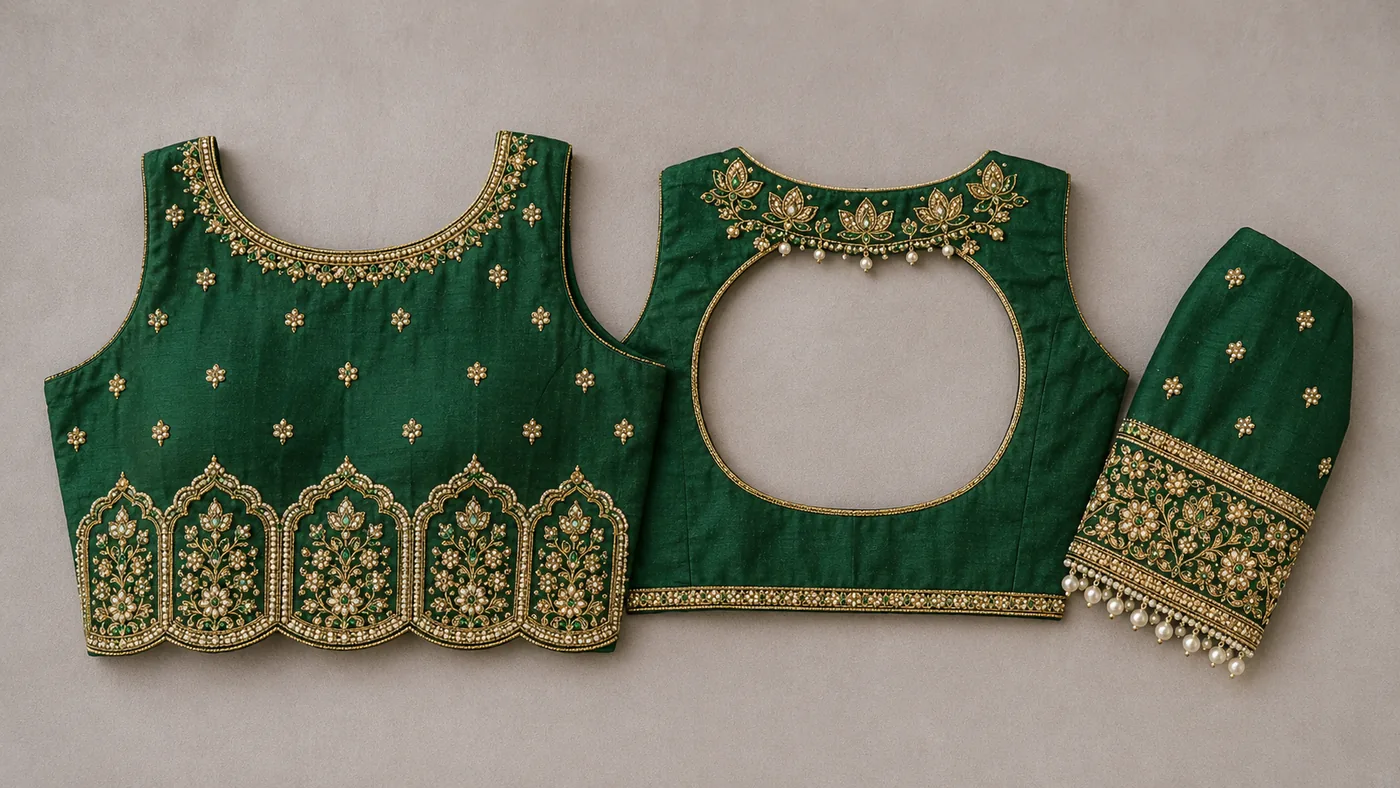 Design reference - Emerald green silk blouse laid flat with front, back and sleeve; gold and pearl lotus arches form a scalloped band across the hem, small floral buttis scatter over the body, and the round back neck carries a lotus row with hanging pearl drops.