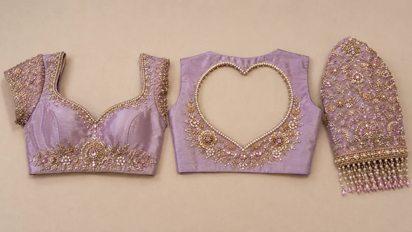 Design reference - Lilac silk blouse with a sweetheart front neck and a heart-shaped cut-out back outlined in pearls, gold floral vines with pink stones curving across the waist, and a densely embroidered sleeve finished with a pearl and crystal drop fringe.