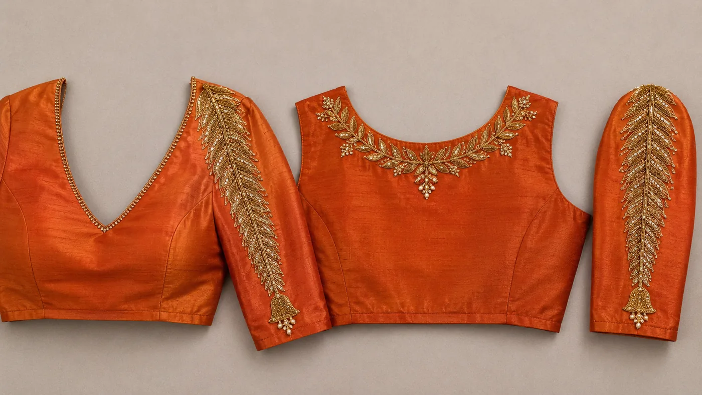 Design reference - Rust orange silk blouse with sparse gold work: a leafy vine garland around the round front neck, a plain deep-V back edged in gold beads, and a long feathered leaf spray running down each sleeve ending in a small bell tassel.