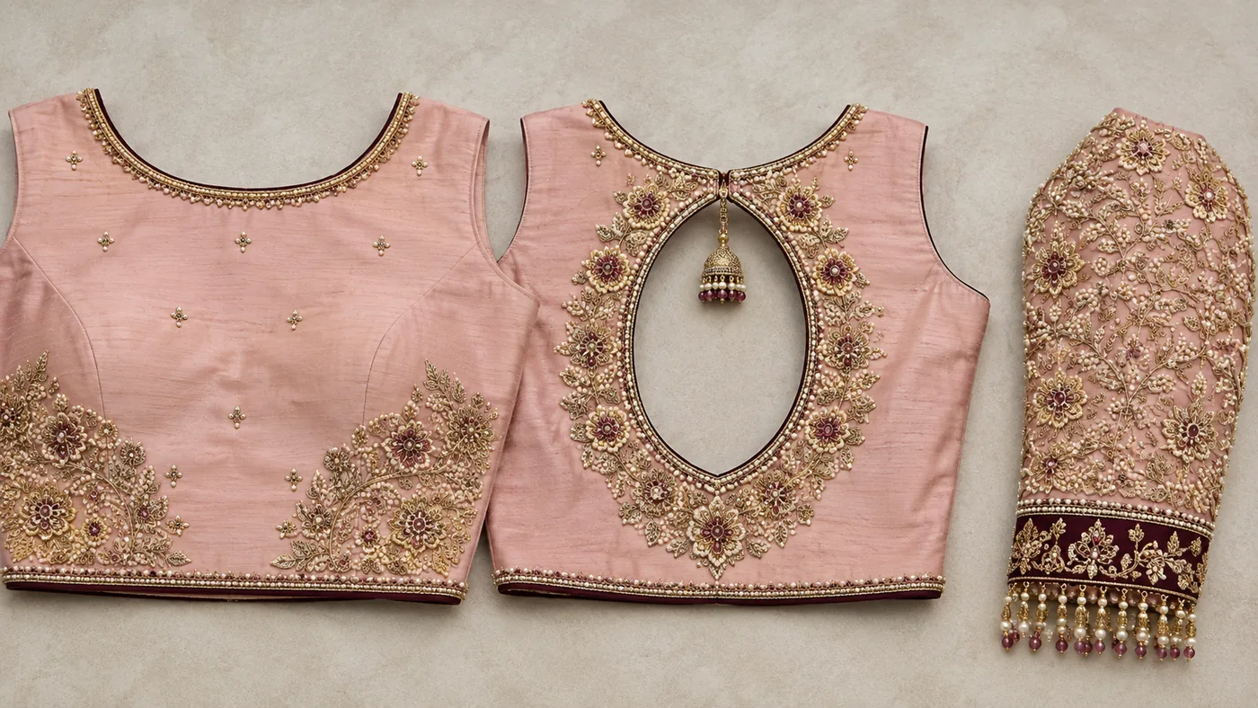 Design reference - Dusty pink raw silk blouse with an oval keyhole back framed by dense gold and maroon flowers and a hanging jhumka, matching floral clusters rising from the front waist, and a fully covered sleeve ending in a maroon band with pearl drops.