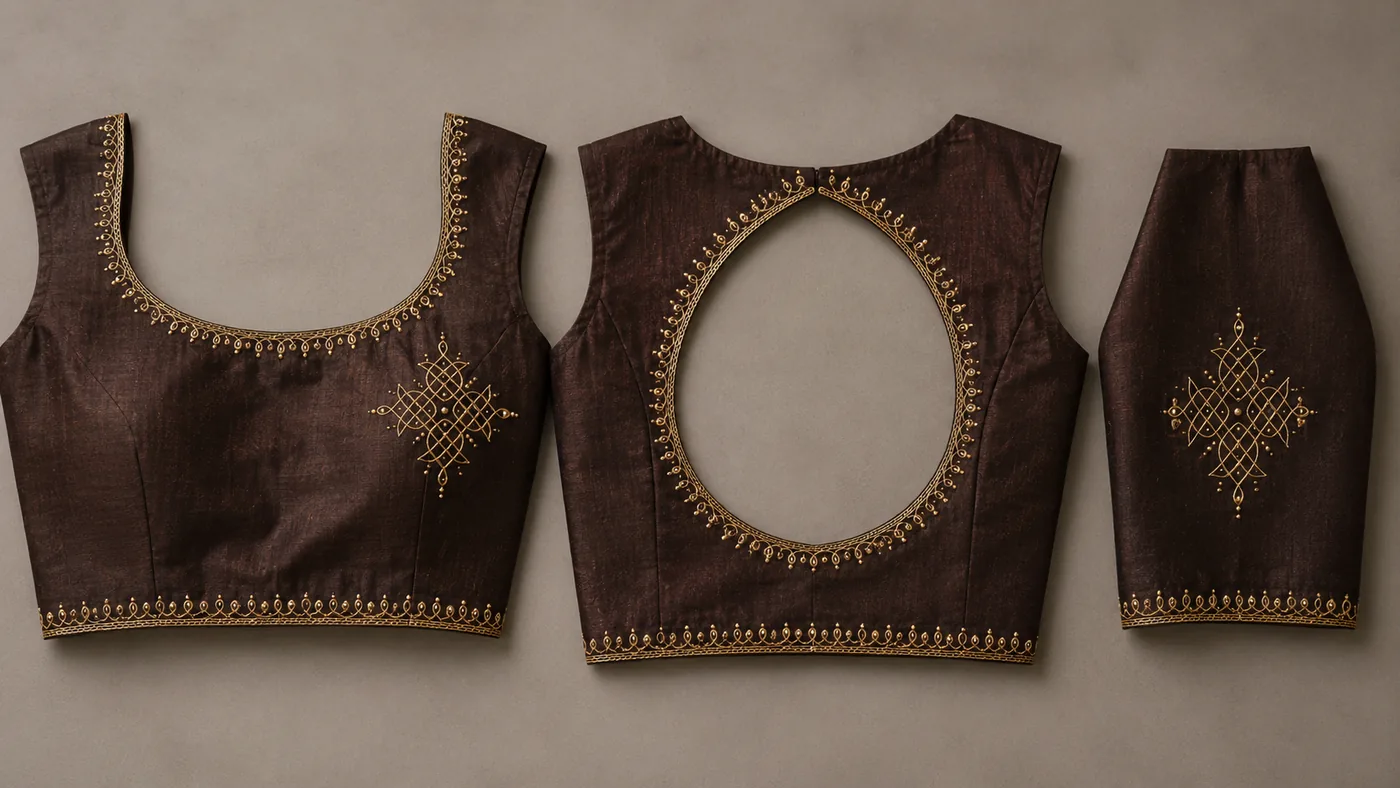 Design reference - Dark brown silk blouse worked only in fine gold thread and small beads, with a scalloped drop edging around the scoop front neck and teardrop back opening, a slim beaded hem line, and a single knot-work diamond motif on the bust and sleeve.