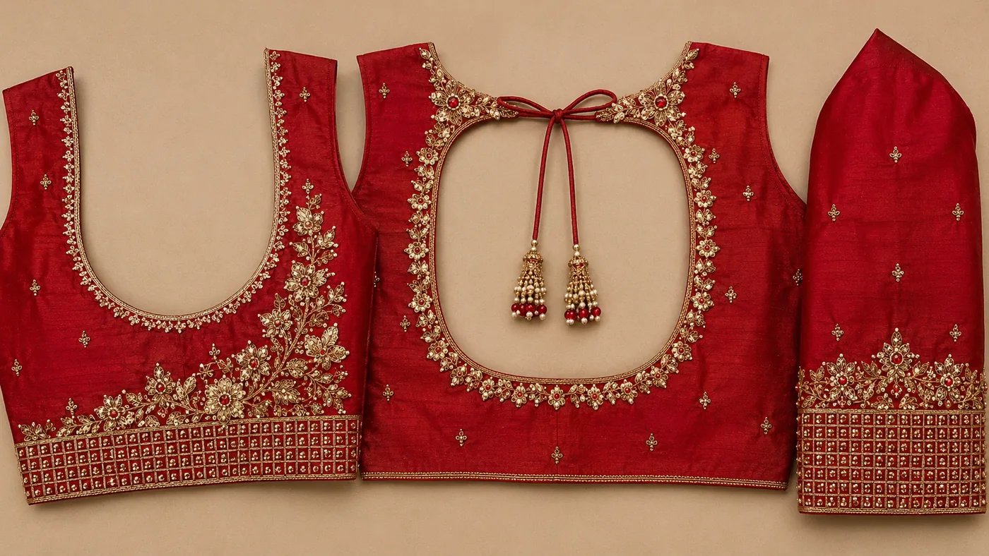 Design reference - Deep red silk blouse with gold flowering branches sweeping from the waist to the front neck, a square back opening bordered in dense floral stone work with beaded tie tassels, and a checkered zari grid band along the hem and sleeve cuff.