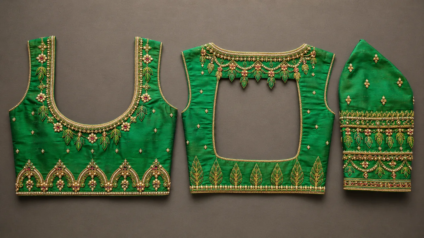 Design reference - Bright parrot green silk blouse with gold beaded arches and coloured stones along the front hem, green leaf motifs hanging like a garland from the neck, and a wide square back opening above a row of standing leaf shapes.