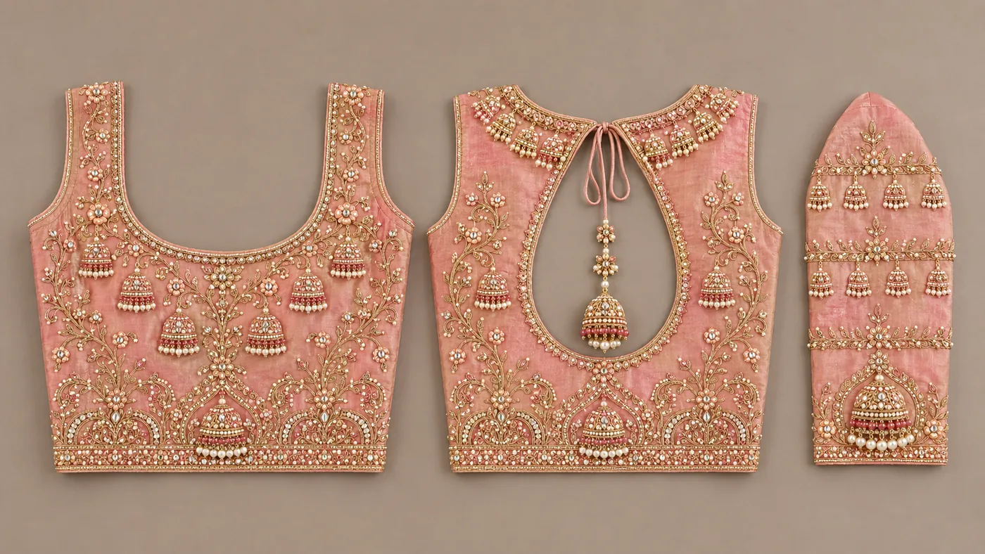 Design reference - Peach pink blouse covered in fine gold vine work with embroidered jhumka earrings hanging in rows across the front, a teardrop back opening with a jhumka tie tassel, and a dome-topped border of arches and jhumkas along the hem and sleeve.