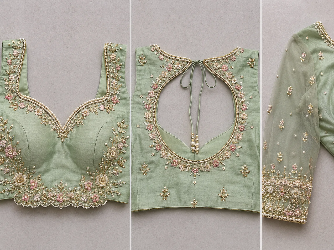 Design reference - Sage green silk blouse shown in three panels: a sweetheart front neck edged with pearls and pale pink flowers, a round back opening with tie strings and pearl ends, and a sheer net elbow sleeve scattered with small blossoms above an embroidered cuff.