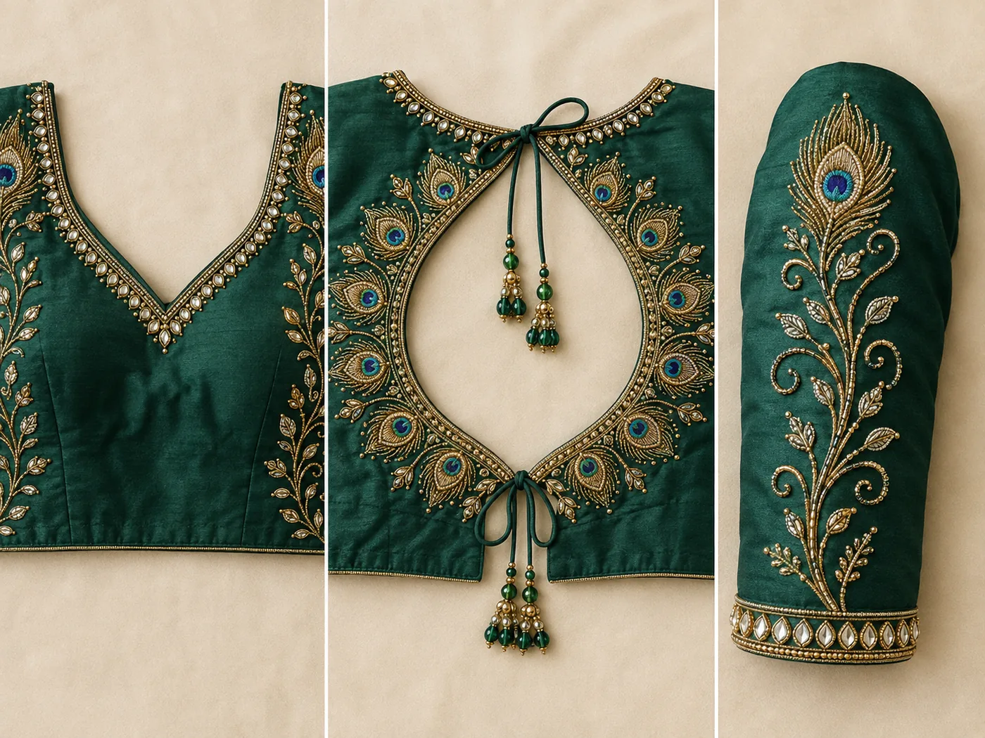 Design reference - Bottle green silk blouse with a V front neck outlined in white stones, a shaped back opening ringed by gold peacock feather eyes with green bead tassels, and one large peacock feather worked down the sleeve above a stone cuff band.