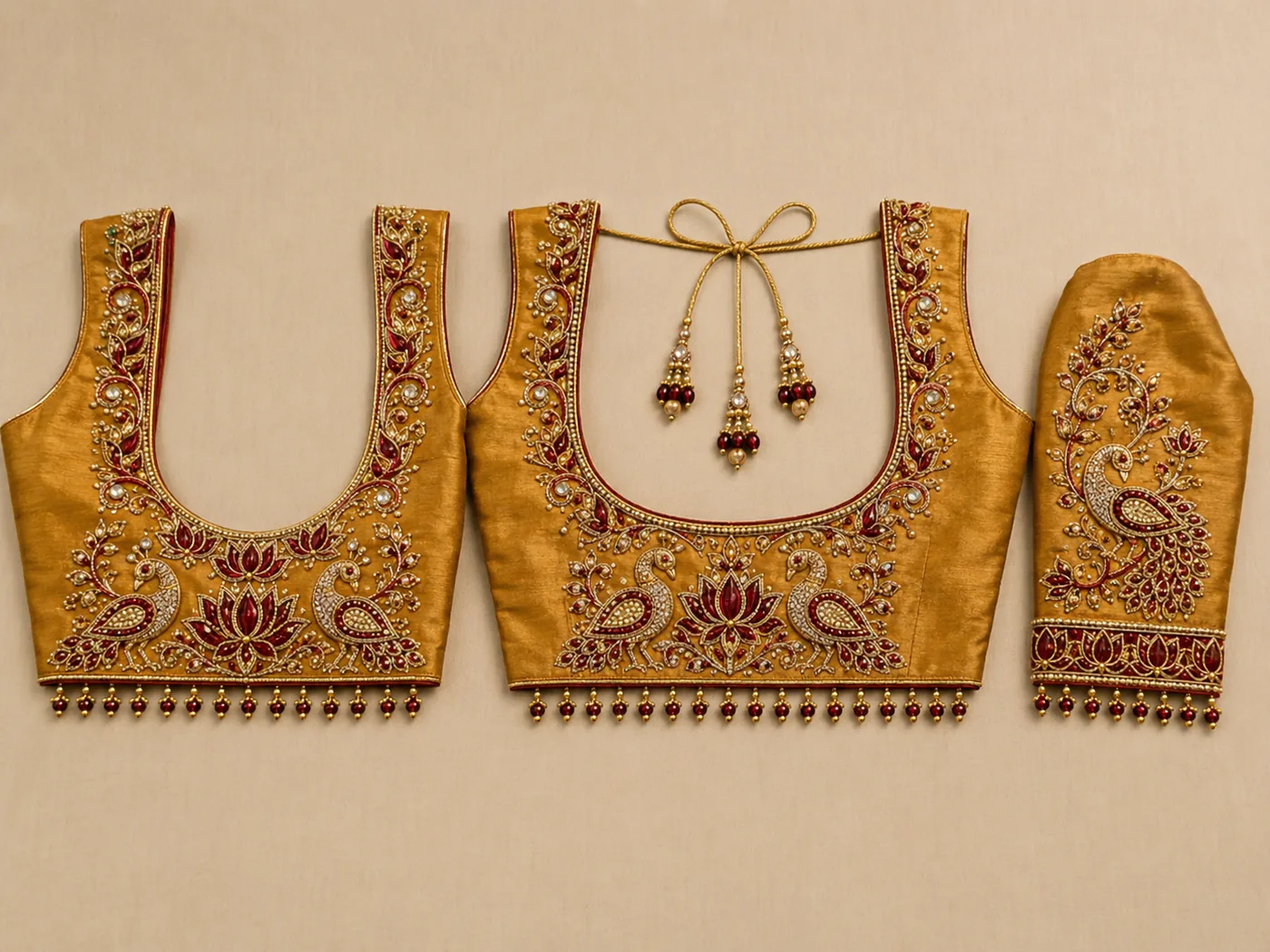 Design reference - Mustard gold silk blouse with facing peacocks flanking a maroon-stone lotus across the front and back waist, vine borders running up the neckline, gold tie cords with bead tassels at the back, and maroon bead drops fringing the entire hem.