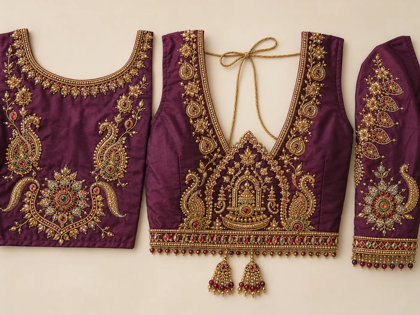 Design reference - Wine purple silk blouse with a large gold temple lamp and kalasam worked at the centre back above a coloured stone border with bead drops, mango paisleys and a stone rosette on the front, and paisley and peacock motifs on the sleeve.