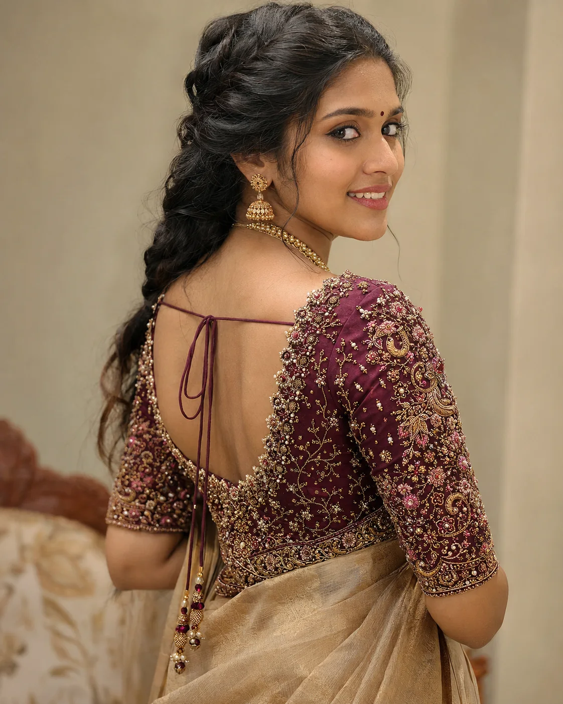 Design reference - maroon silk bridal blouse, pearl and gold floral work covering the sleeve and shoulder, with a beaded tie at the open back.
